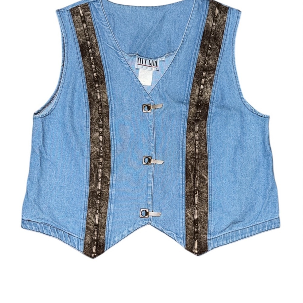 City Girl Blue Denim Vintage Vest with Brown Accents